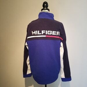 VINTAGE TOMMY HILFIGER FLEECE FULL ZIP SWEATER LARGE SPELLOUT LARGE SIZE. (SHD)
